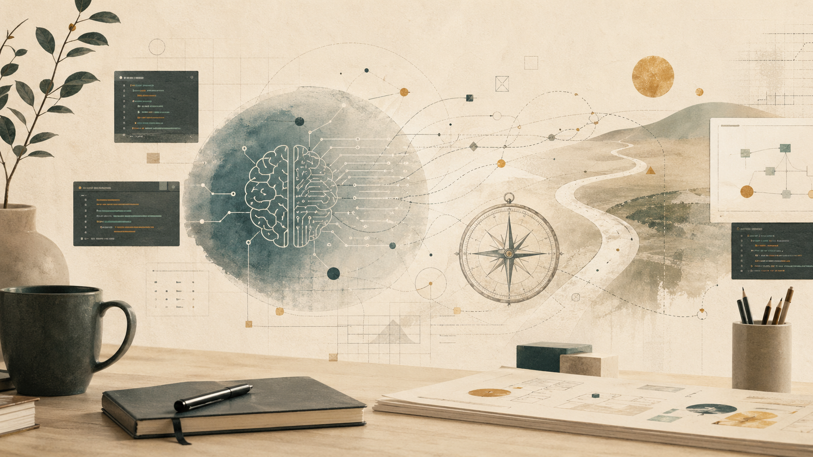 An abstract desk scene with code panes, a compass, and AI network lines suggesting uncertain work ahead